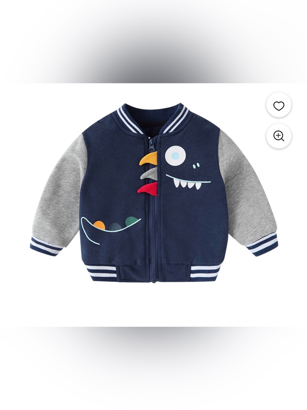 NEW Navy Monster Zip-Up Bomber Jacket with Grey Sleeves- size 110cm
